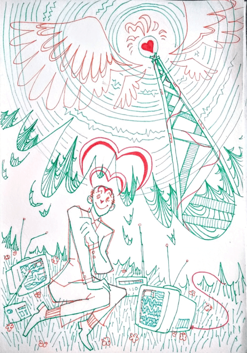 multicolor pen drawing of someone sitting in a clearing surrounded by staticky TVs, looking lovingly upwards at a winged cell tower with a lit up heart. both tower and person emanate waves at each other.