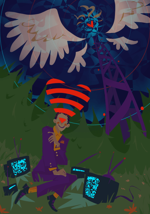 Digital drawing of someone in a purple suit in a clearing in the woods at night. They are surrounded by TV screens glowing blue. Faceless, they give off a heart-shaped signal towards the winged cell tower above