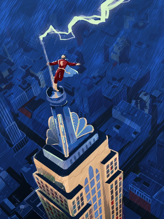 Digital painting. Lightning strikes a tall building in a thunderstorm. A figure in red with a white cape reaches up towards it through the driving rain.