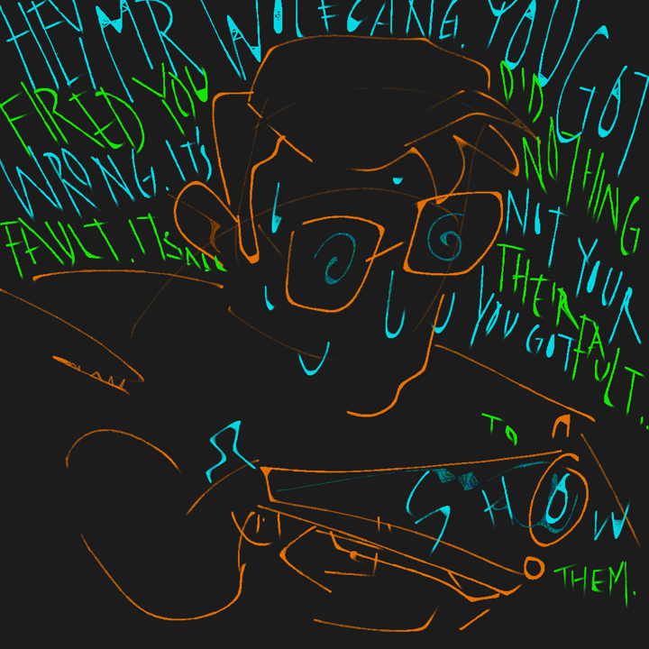 Scribbly digital silhouette of a man with a shotgun and glasses, sweating, the words 'you gotta show them' glowing behind his head