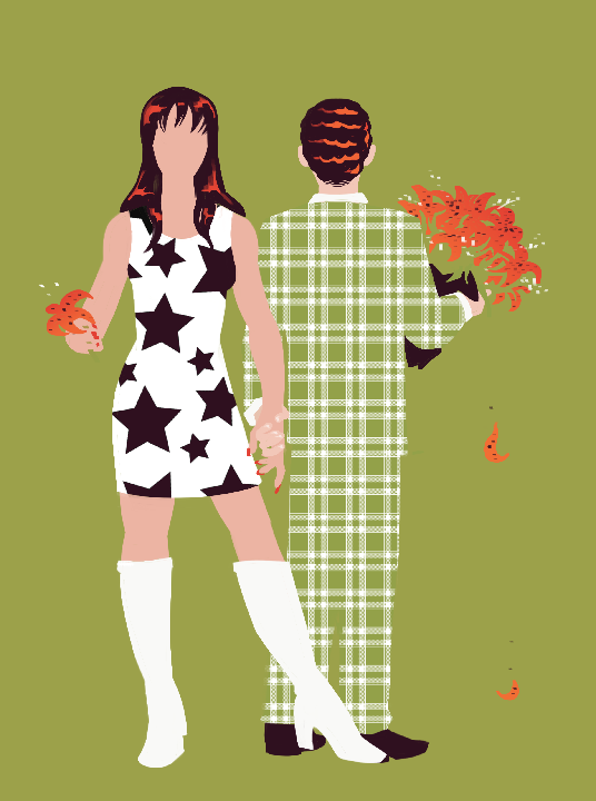 Silhouette image of a redheaded couple, the girl in go-go boots with a single tiger lily, the guy holding her hand and a whole bouquet