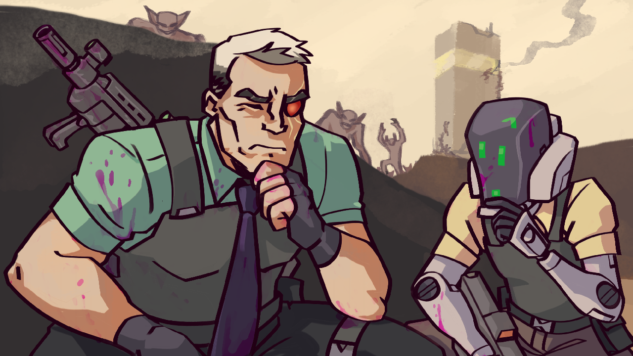 A grizzled soldier and a young android crouch behind large rocks in the Spiderverse mentor/curious student pose. Vampires approach in the distance.