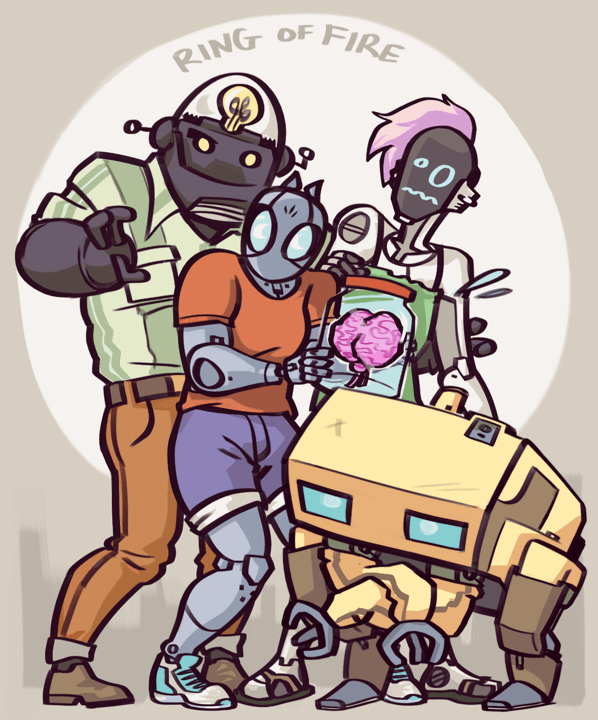 Digital drawing. 3 humanoid robots and one bipedal research bot cower together, holding a brain in a jar.