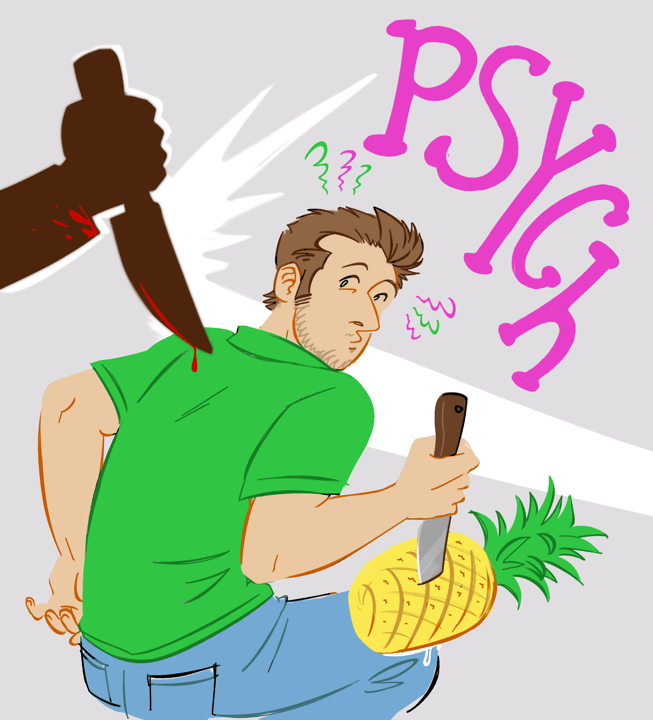 Digital art. Shawn Spencer is stabbing a pineapple while suddenly noticing a hand with a bloody knife sneaking up behind him.