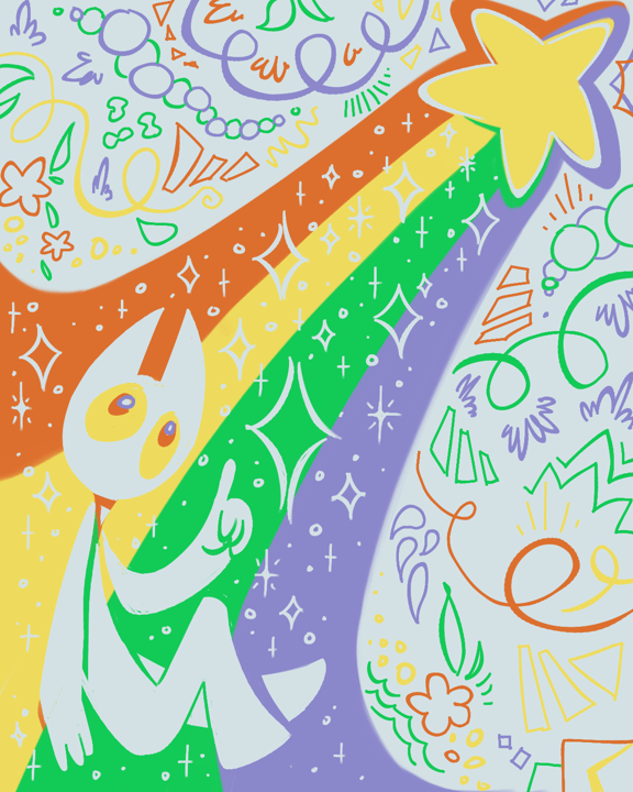 Digital drawing. A simple white creature points up towards a four-colored star surrounded by squiggles and doodles.