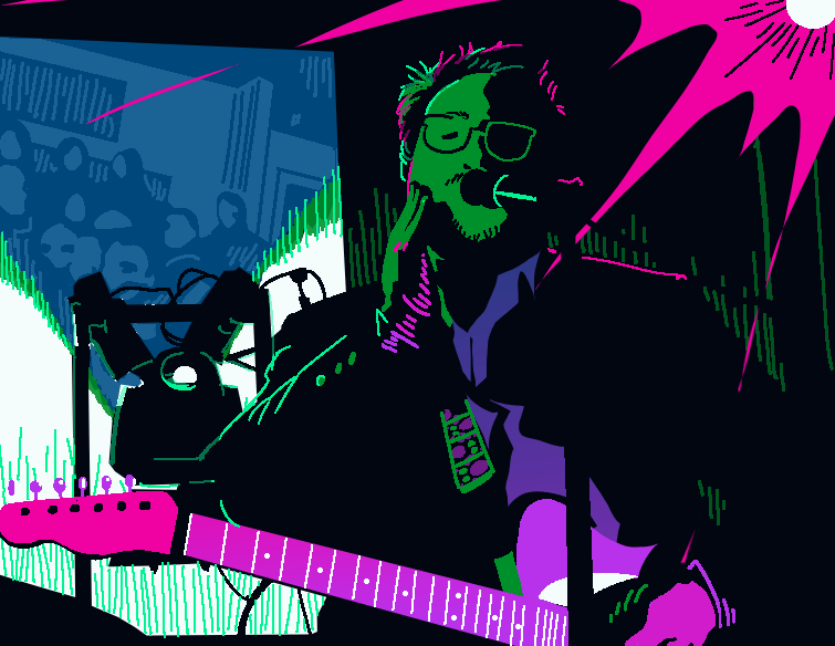 Digital art with a pixel brush. John Flansburgh, dramatically backlit, touches his face as he sings onstage