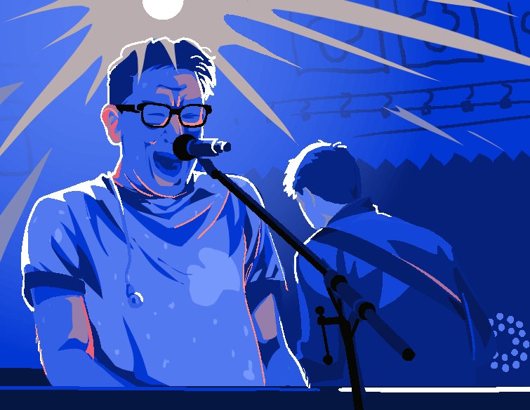 Digital art with a pixel brush. John Linnell, dramatically lit, mouth open as he yells into a mic. Danny Weinkauf is in the background, back turned