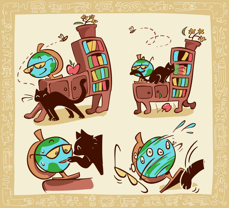 digital art: four-legged desk creature with a globe-head befriends a cat. The cat climbs on top and swats the globe curiously, sending it spinning and the globe's glasses flying. The border is made of object-creatures in parade.