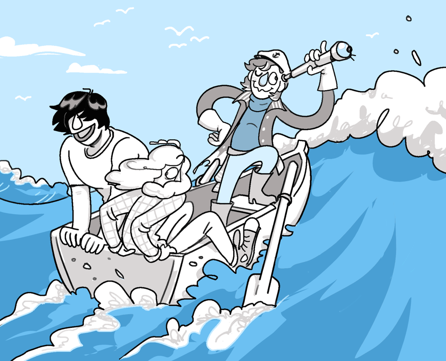 digital art of muppet-like characters. Sid (nervous) and Steven (delighted) in a tiny rowboat on rough ocean waves, captained by a spyglass-toting Sloane.