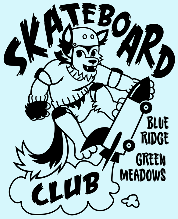 Vector line drawing of an anthro wolf riding a rocket like a skateboard trick.