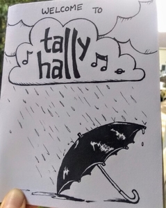 Welcome To Tally Hall minizine cover. Has the band name in a small cloud that's raining on a black umbrella.