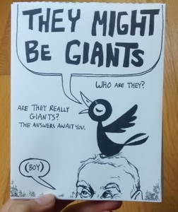 They Might Be Giants minizine cover. A little black bird perched on William Allen White's head says the band name. Subtitle: Who are they? Are they really giants? The answers await you.