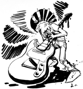 Ink drawing of a punk rocker doubled over, clutching their chest where an oversized guitar headstock impales them.