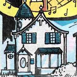 Comic extract: A fancy-looking house colored newsprint style, with music notes in the background.