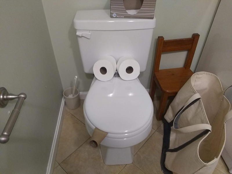Toilet paper set on top of a toilet to make the lid look like a mouth. An empty roll is tucked into the mouth like a cigar.