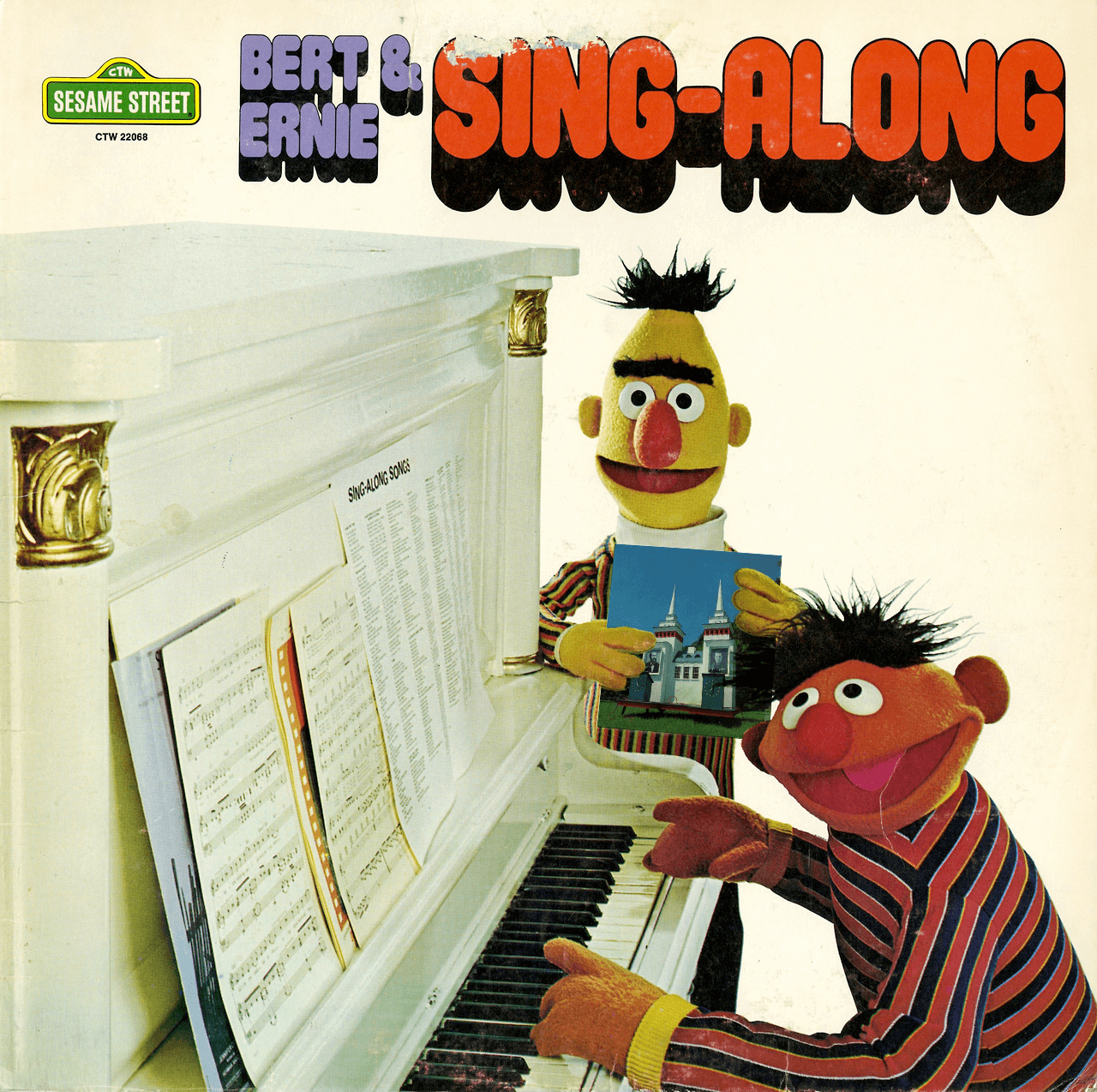 Ernie plays piano and Bert holds a copy of the album Lincoln.