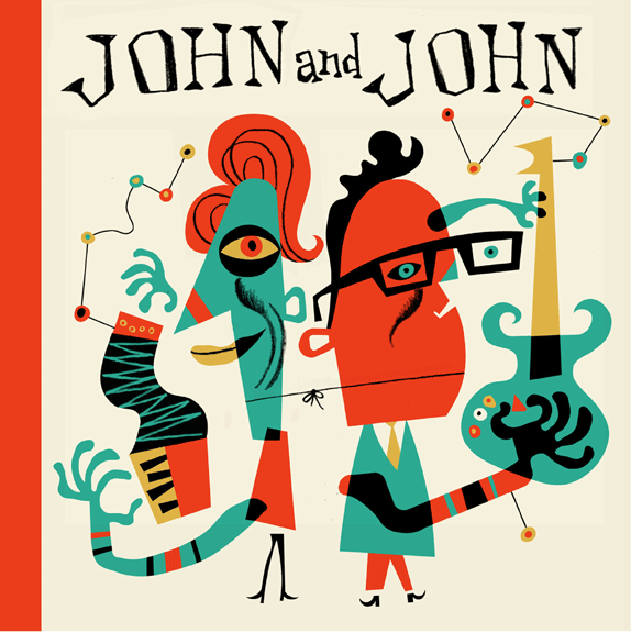 3-color print of the Johns in the graphic style of Jim Flora.