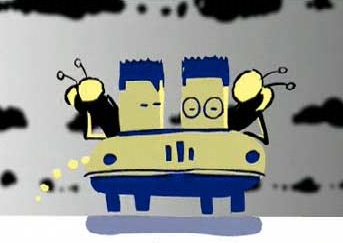 The Johns in a car flanked by giant flies. They are drawn as identical yellow cylinders with blue hair, but one has glasses.