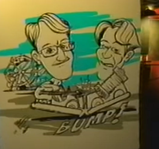 Caricature art of the Johns in bumper cars from the music video.