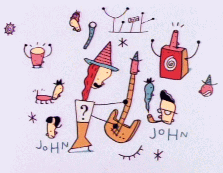 A figure from the Istanbul video playing guitar with John and John's faces drawn small on either side.