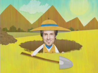 Danny photocollaged onto a cartoon paleontologist's body from the music video.