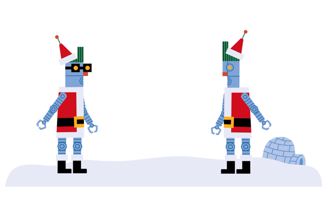 A looping gif of robot Johns, which loook much like the pixel Johns, taking turns throwing snowballs at each other.