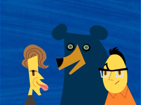 Caricatured Flansburgh and Linnell with a black bear from the music video.